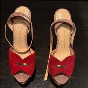 Charlotte Olympia Red and  Tan suede with gold platform wedge Heels